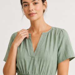 Solene dress close-up, eucalyptus green V-neck with short sleeves and smocked waist
