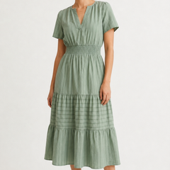 Solene dress, eucalyptus green V-neck tiered midi with short sleeves and smocked waist