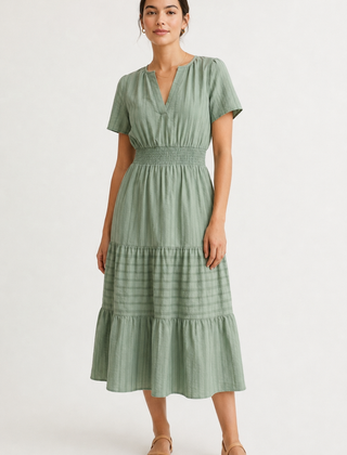 Solene dress, eucalyptus green V-neck tiered midi with short sleeves and smocked waist