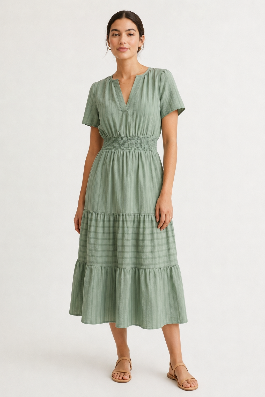 Solene dress, eucalyptus green V-neck tiered midi with short sleeves and smocked waist