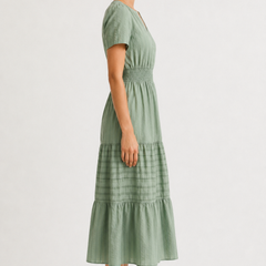 Solene dress, eucalyptus green tiered midi with short sleeves and gathered waist