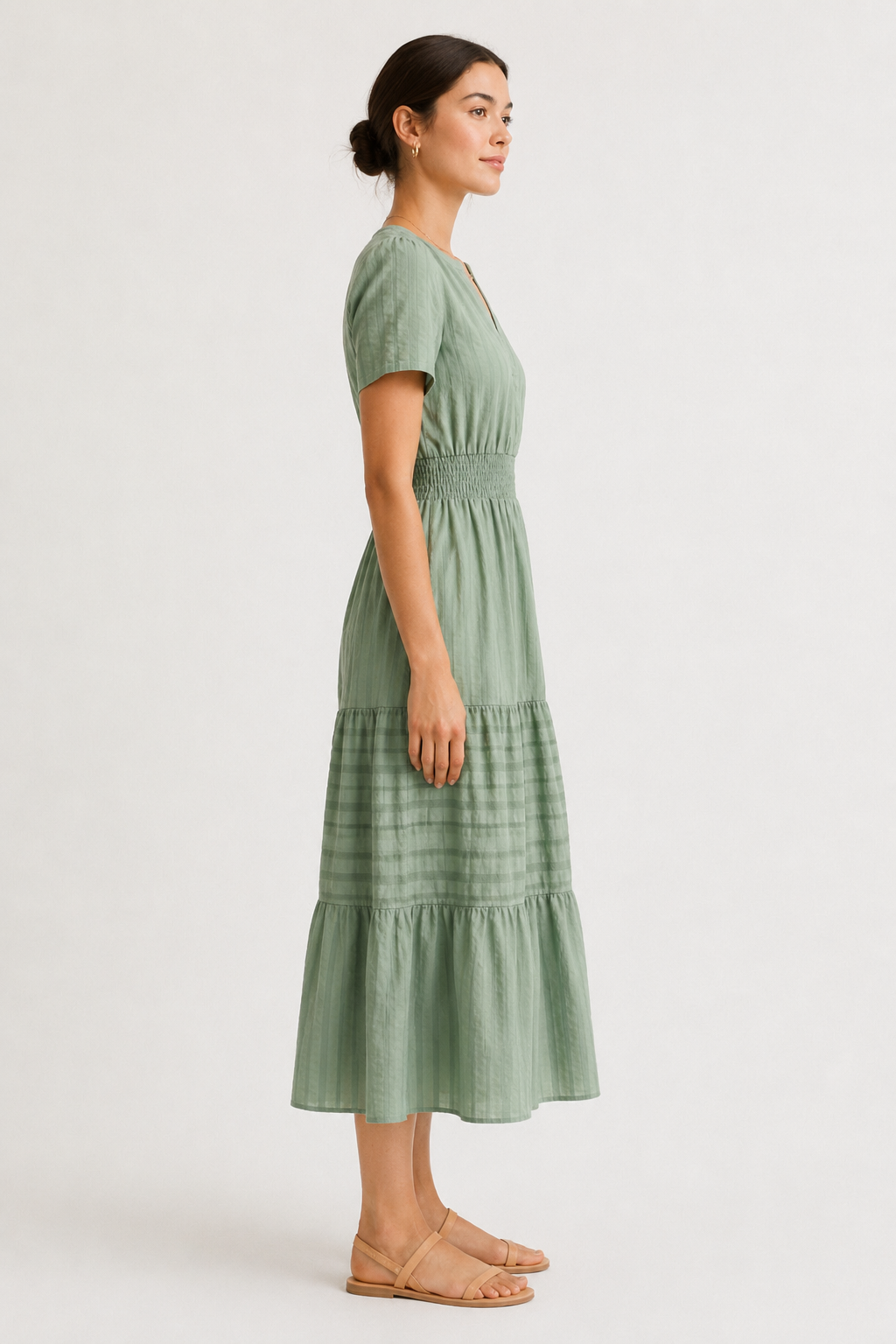 Solene dress, eucalyptus green tiered midi with short sleeves and gathered waist