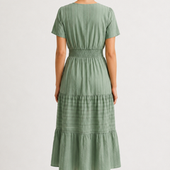 Solene dress, eucalyptus green back view with tiered midi skirt and smocked waist