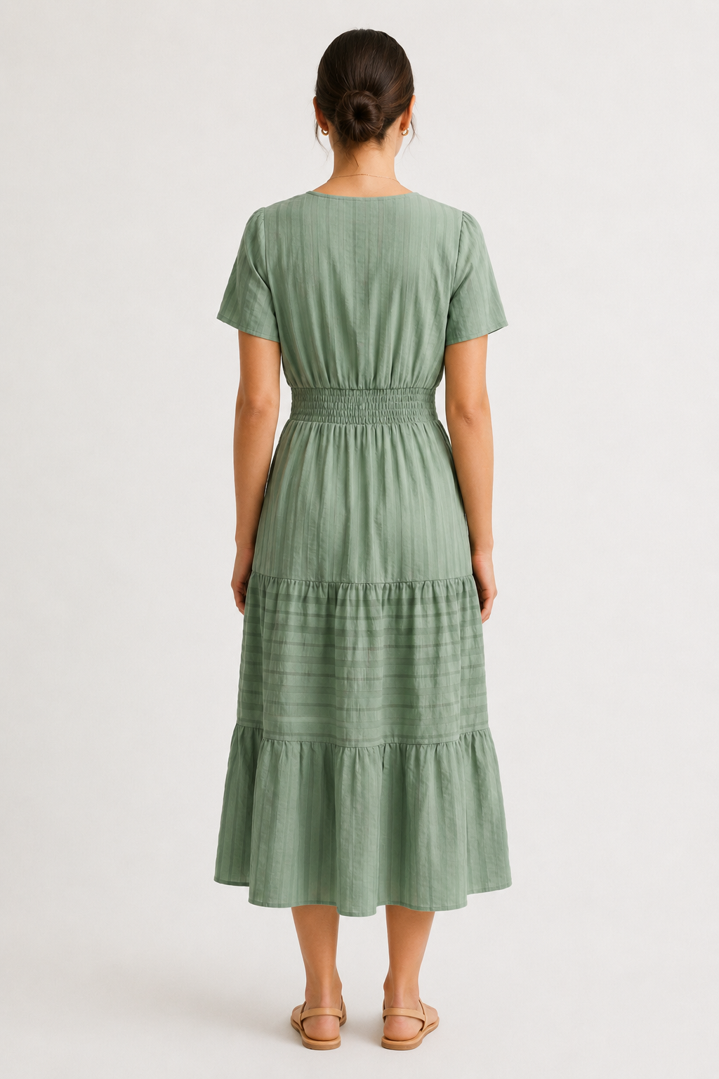 Solene dress, eucalyptus green back view with tiered midi skirt and smocked waist