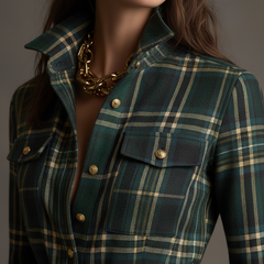 Green plaid button-up shirt dress with flap pockets, gold buttons, and belt
