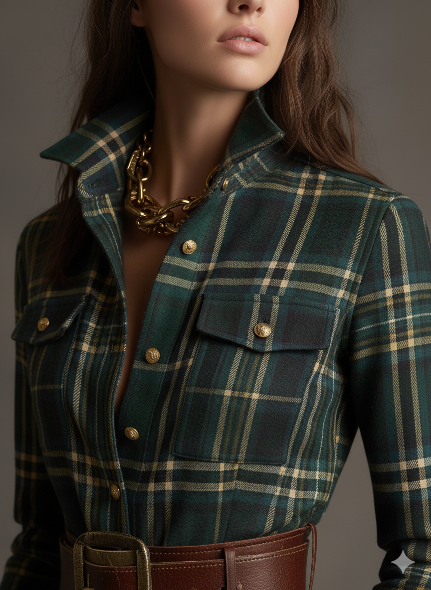 Green plaid button-up shirt dress with flap pockets, gold buttons, and belt