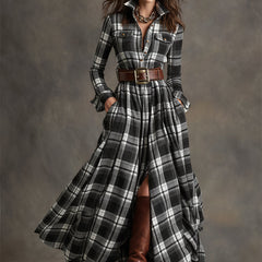 Plaid button-up shirt dress with collar, long sleeves, and waist belt, dark/white