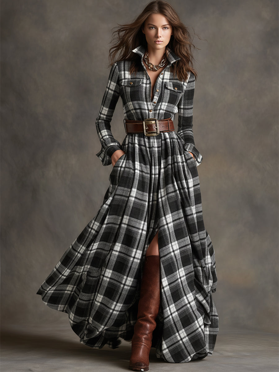 Plaid button-up shirt dress with collar, long sleeves, and waist belt, dark/white