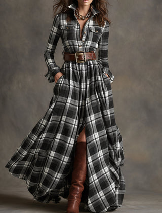 Black-and-white plaid button-up shirt dress with belt, long sleeves, chest pockets