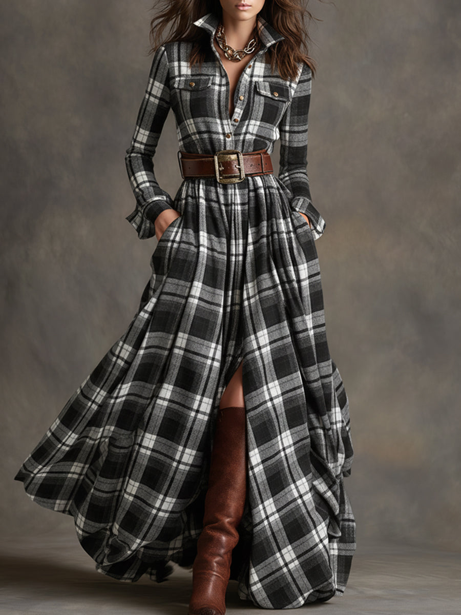 Black-and-white plaid button-up shirt dress with belt, long sleeves, chest pockets
