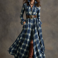 Blue plaid button-up shirt dress with collar, long sleeves, and waist belt, maxi length