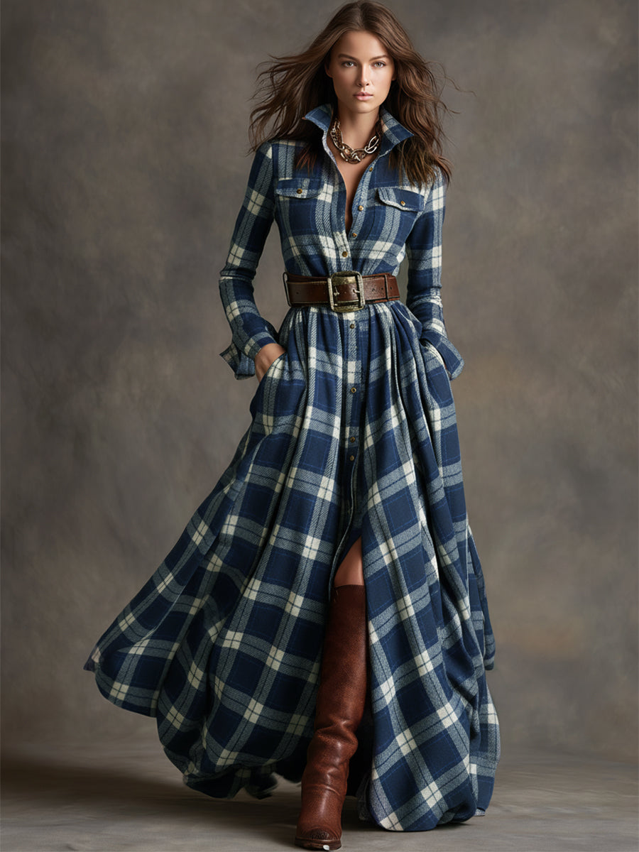 Blue plaid button-up shirt dress with collar, long sleeves, and waist belt, maxi length