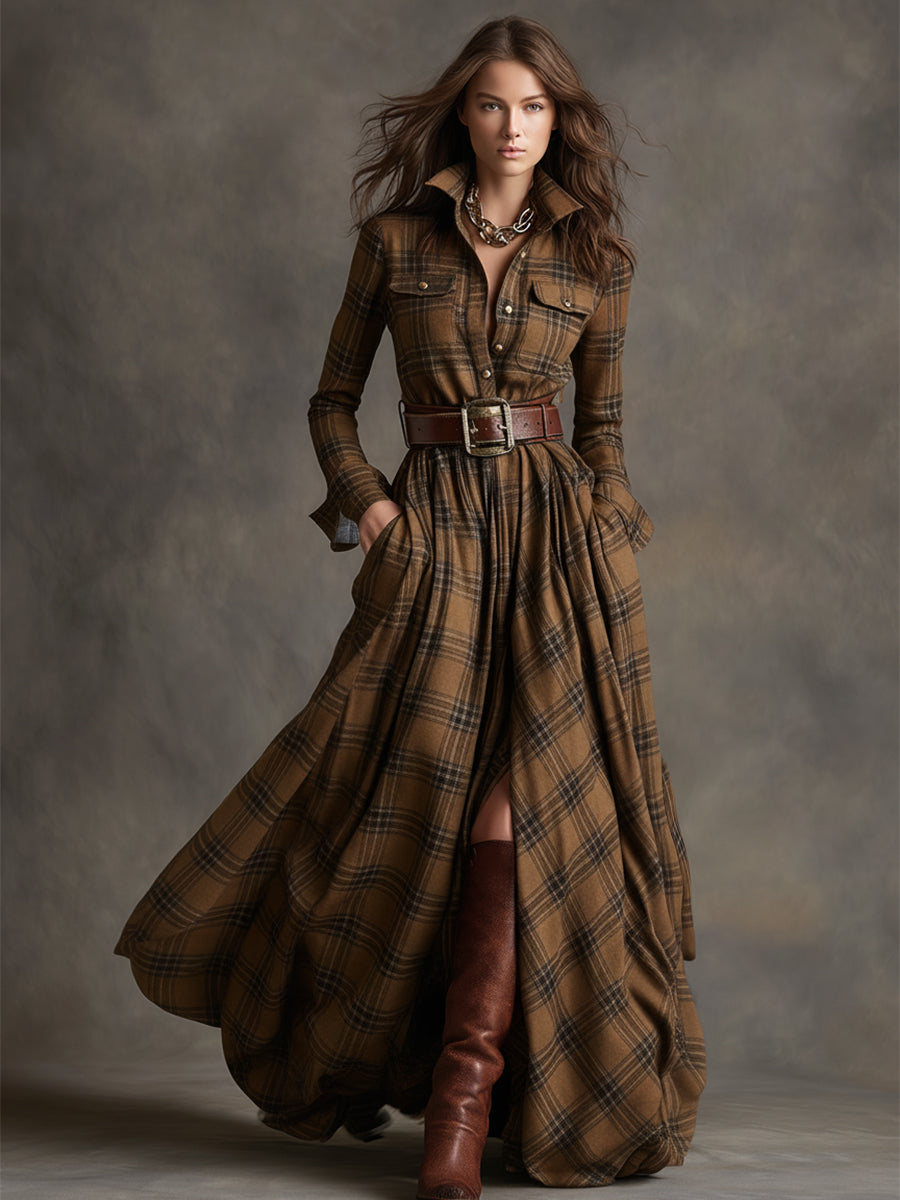 Brown plaid button-up shirt dress with collar, long sleeves, and waist belt, long hem