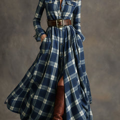 Blue plaid button-up shirt dress with belt, long sleeves, chest pockets and slit