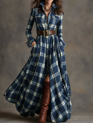 Blue plaid button-up shirt dress with belt, long sleeves, chest pockets and slit