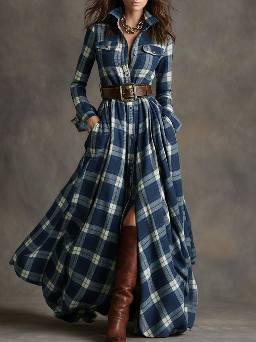 Blue plaid button-up shirt dress with belt, long sleeves, chest pockets and slit