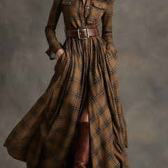 Brown plaid button-up shirt dress with belt, long sleeves, chest pockets and slit