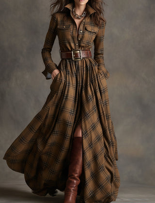 Brown plaid button-up shirt dress with belt, long sleeves, chest pockets and slit
