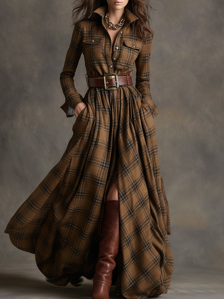 Brown plaid button-up shirt dress with belt, long sleeves, chest pockets and slit