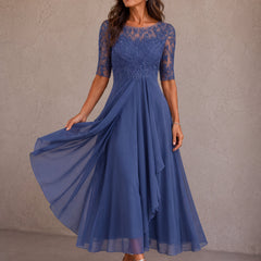 Blue lace-and-chiffon midi dress, lace bodice, elbow sleeves, flowing flared skirt