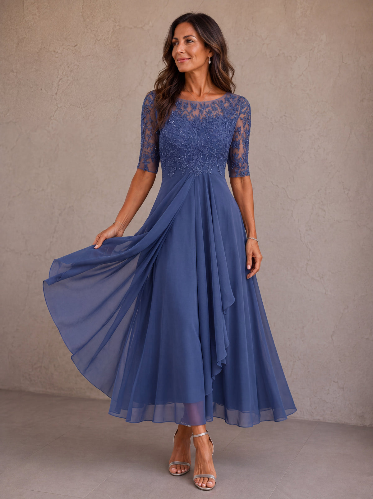 Blue lace-and-chiffon midi dress, lace bodice, elbow sleeves, flowing flared skirt