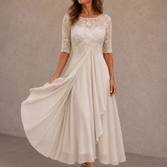 White lace-and-chiffon midi dress with embroidered bodice, elbow sleeves, draped layered skirt
