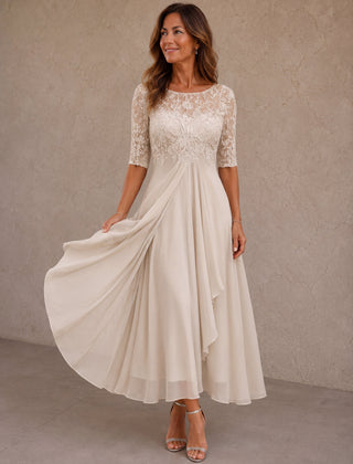 White lace-and-chiffon midi dress with embroidered bodice, elbow sleeves, draped layered skirt