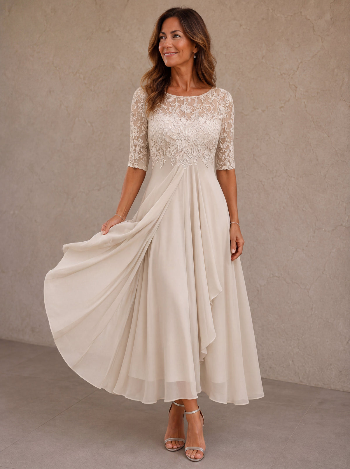 White lace-and-chiffon midi dress with embroidered bodice, elbow sleeves, draped layered skirt