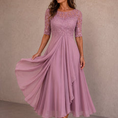 Rose lace-and-chiffon midi dress, lace bodice, elbow sleeves, flowing layered skirt