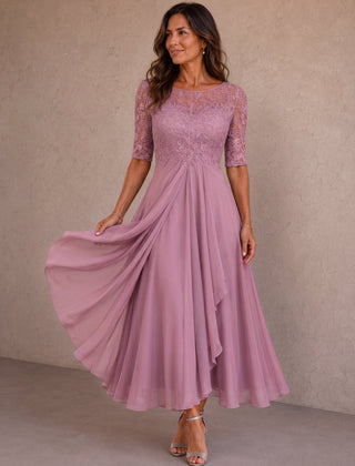 Rose lace-and-chiffon midi dress, lace bodice, elbow sleeves, flowing layered skirt