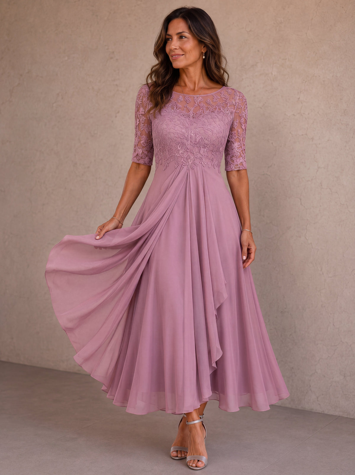 Rose lace-and-chiffon midi dress, lace bodice, elbow sleeves, flowing layered skirt