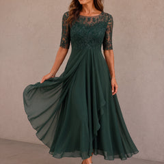 Forest green lace-and-chiffon midi dress with lace bodice and elbow sleeves, flared skirt