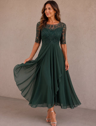 Forest green lace-and-chiffon midi dress with lace bodice and elbow sleeves, flared skirt