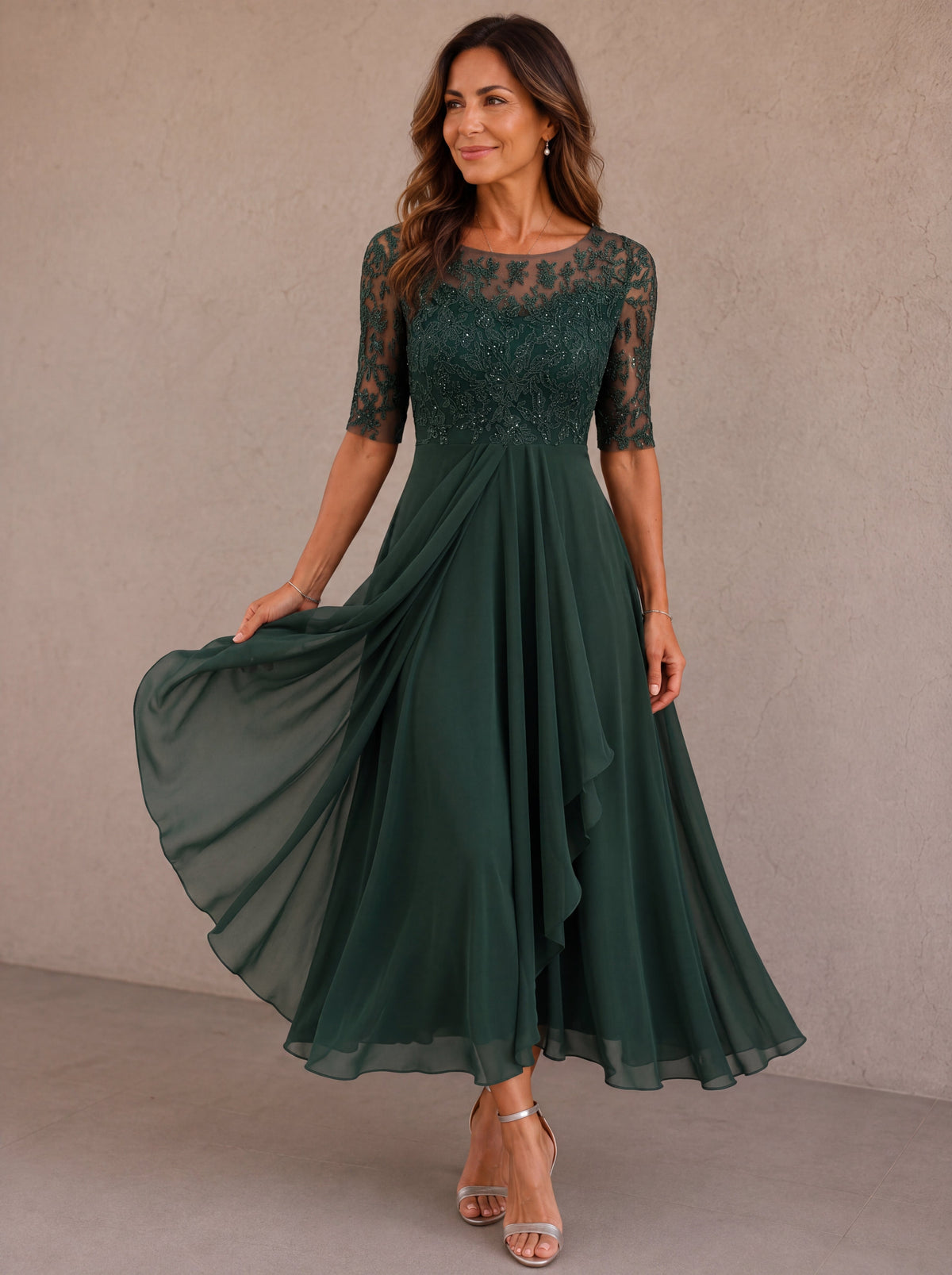 Forest green lace-and-chiffon midi dress with lace bodice and elbow sleeves, flared skirt