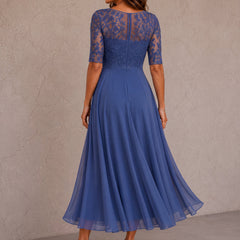 Blue lace-and-chiffon midi dress, back yoke detail, elbow sleeves, flared pleated skirt