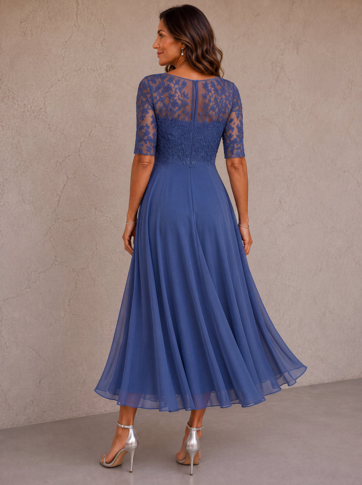 Blue lace-and-chiffon midi dress, back yoke detail, elbow sleeves, flared pleated skirt