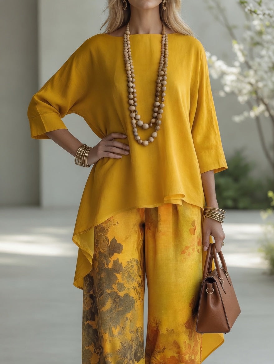 Mustard yellow long tunic top and wide-leg printed pants set with draped hem