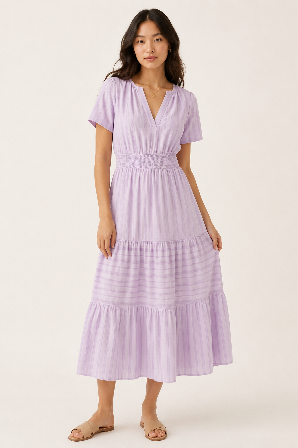 Solene dress in lavender seersucker, V-neck short sleeves, tiered midi skirt.