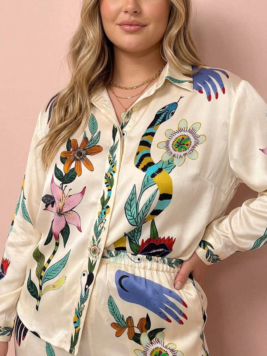 Nika | Resort Vibes Satin unique print shirt & trousers set Fit