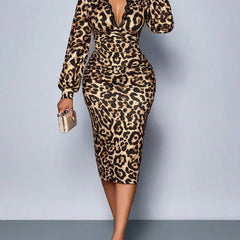 Francine™ leopard-print fitted midi dress with long sleeves and high neck