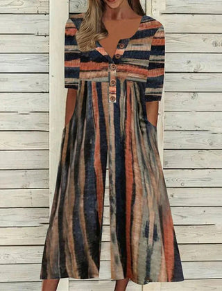 Multicolor striped jumpsuit with V-neck button front, short sleeves, and flowy wide legs
