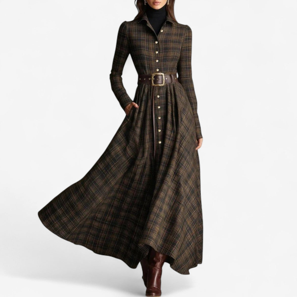 Hayden Sara™ vintage plaid maxi dress with button-front and wide belt