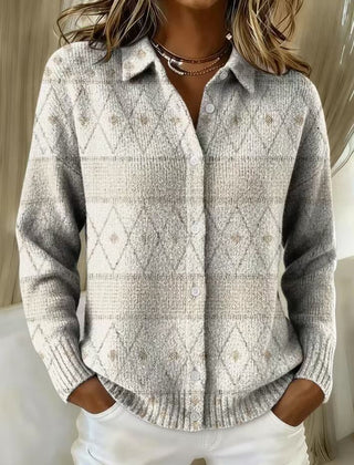 Mona™ diamond-pattern knit button-up hoodie blouse, light gray, collared front