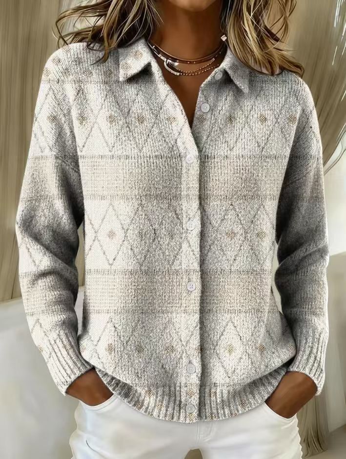 Mona™ diamond-pattern knit button-up hoodie blouse, light gray, collared front