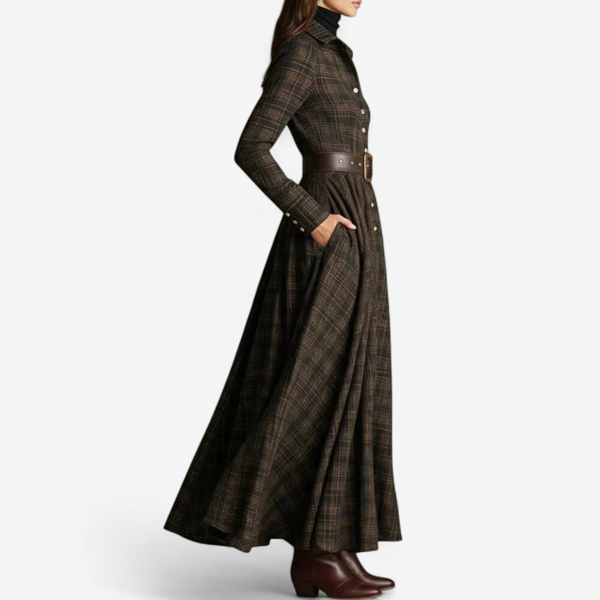 Plaid maxi dress with long sleeves, button front, and waist belt