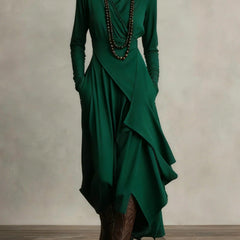 Green asymmetrical maxi knit dress with roll neck and draped long sleeves