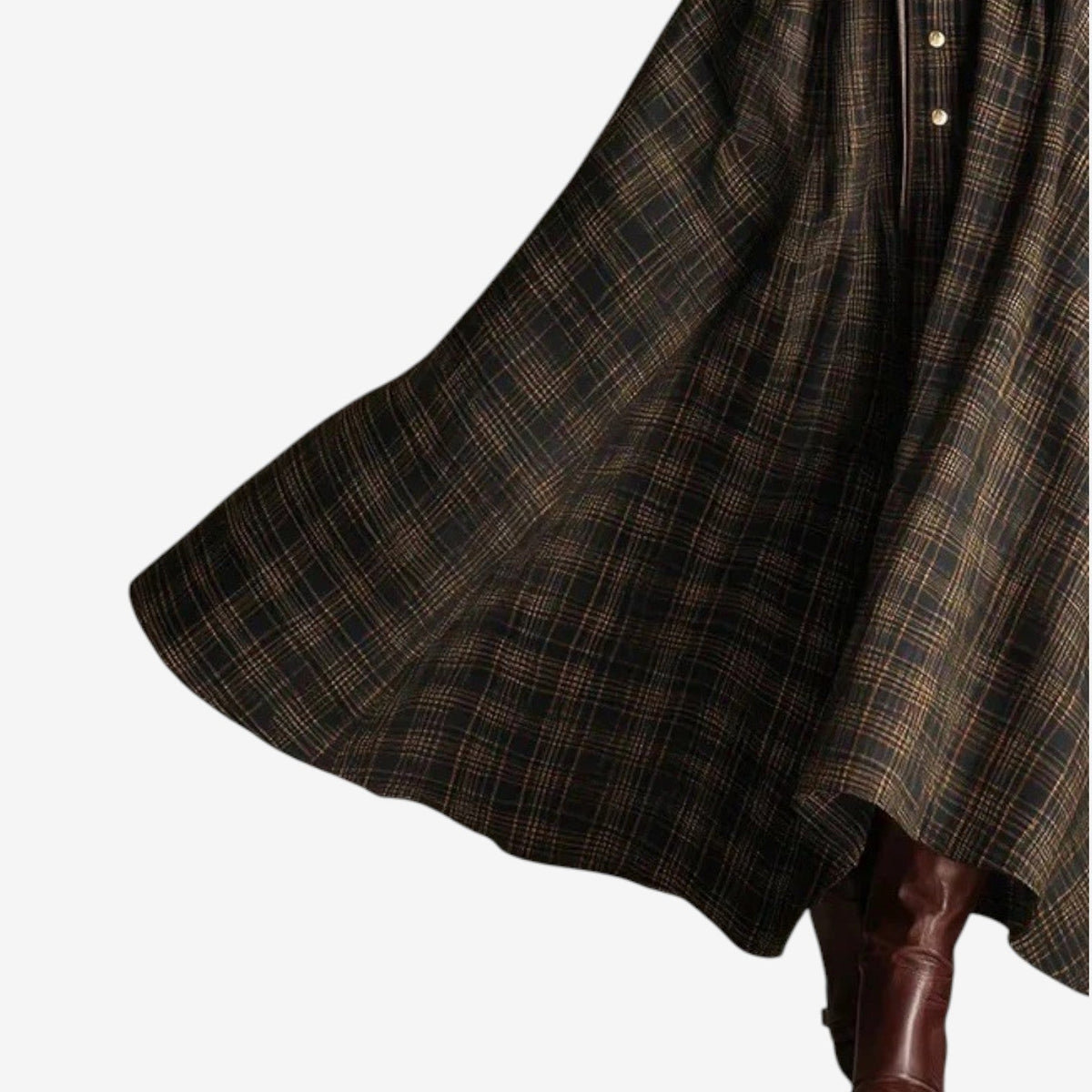 Plaid maxi skirt with pleated flare and partial buttoned front