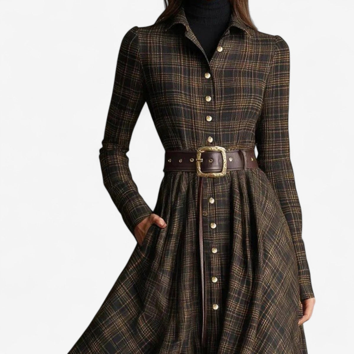 Plaid button-front maxi dress with long sleeves and dual-buckle belt