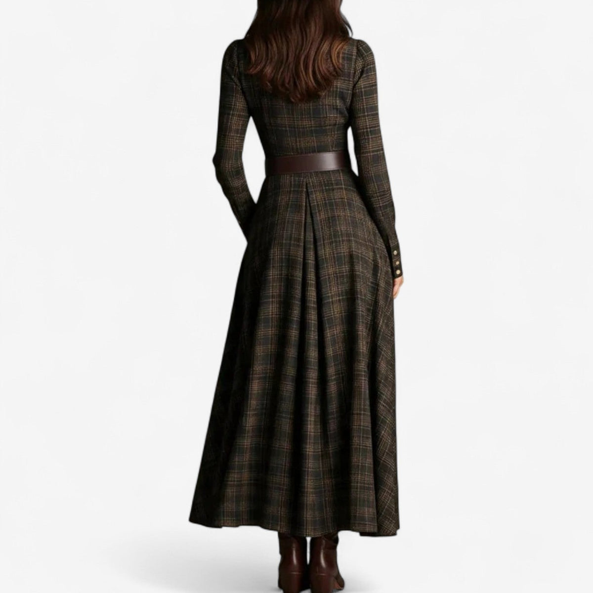 Back view plaid maxi dress with long sleeves and wide waist belt