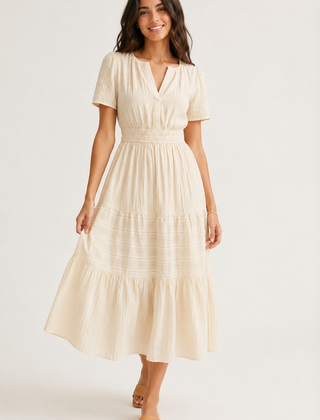 Solene dress in light cream, V-neck, short sleeves, tiered midi skirt and gathered waist